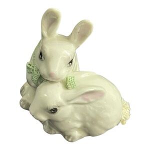 Vintage Irish Dresden bunny rabbit figurine lace porcelain green bow white tails